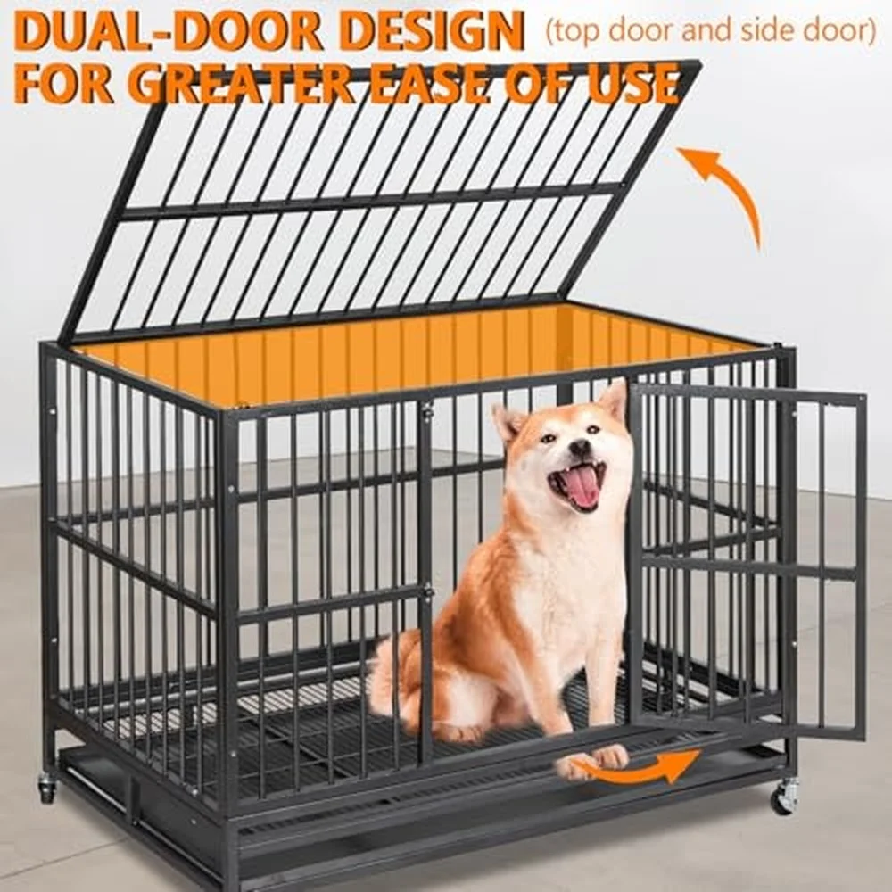 Indestructible Dog Crate 48 in Heavy Duty Large Dog Cage with Wheel