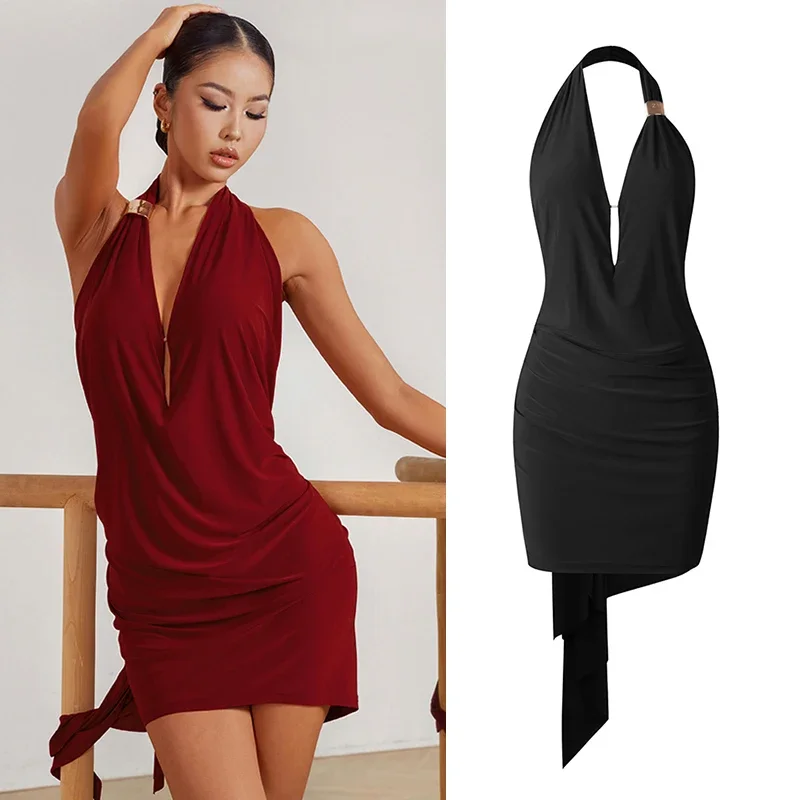 

Women Sexy Backless Halter Dress Black Burgundy Practice Clothes Rumba Dance Wear Prom Party Dress ZYM Latin Dance Dress