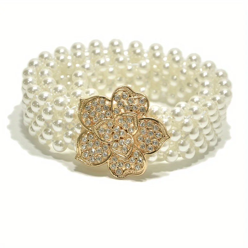 Women's Stretch Waist Belt - 5-Row Faux Pearl & Crystal Chain | Decorative Dress Belt for Jeans & Dresses