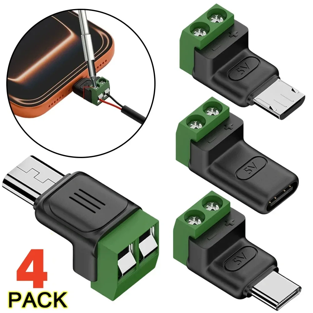 1/2/4PCS Solderless Plug USB C to 2Pin Terminal Adapter Screw Micro Type-C to 2 Pin Crimp Terminal Block 5V Charging Conversion
