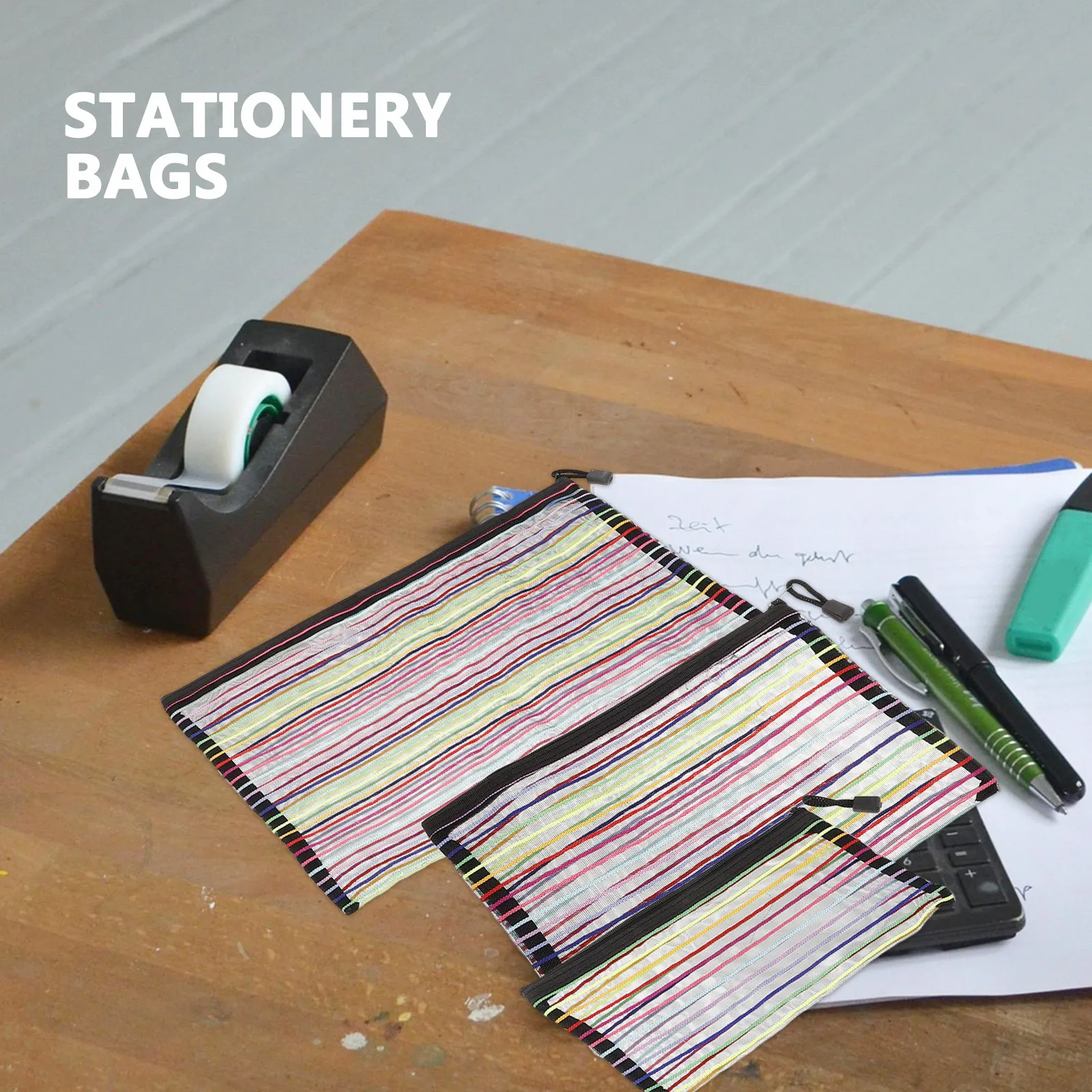 Nylon Mesh File Organizer Bags 3 Pack Colorful Zipper Document Holders for Stationery Phone Storage