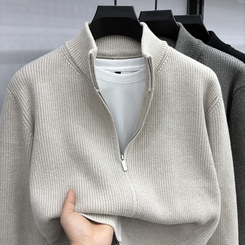 

Новинка 2025, мужской шерстяной свитер, утепленный вязаный кардиган, пальто, осенне-зимний свитер с воротником-стойкой на молнии, мужской топ