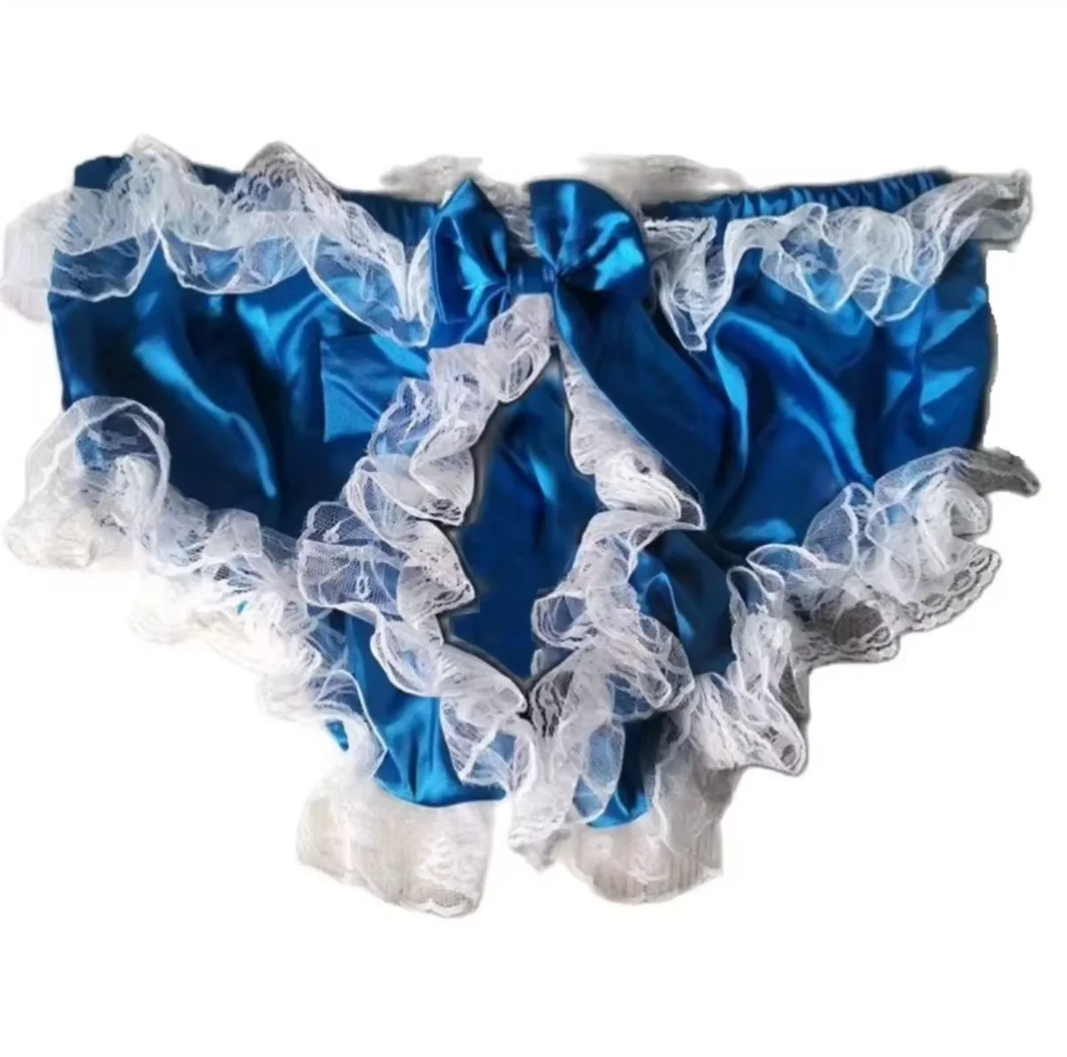 

French Sexy Adult Customized Fetishist Crossdressing Sissy Blue Satin Lace Lace Ruffle Inlaid Open Cut Shorts