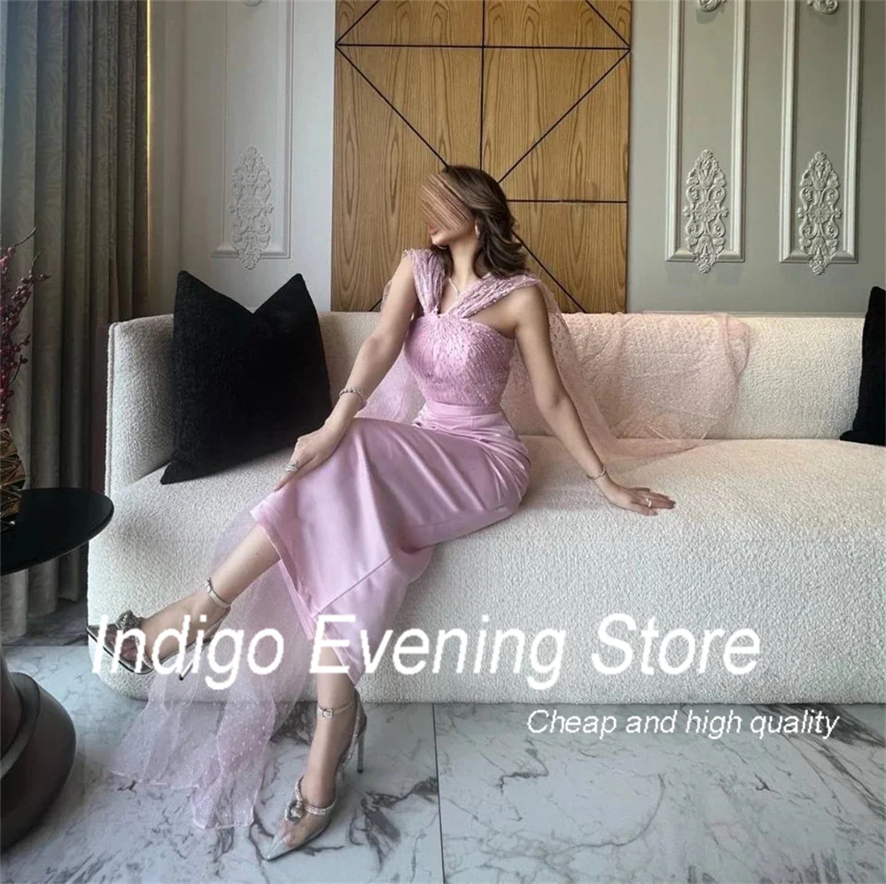 Indigo Evening Dress Fashion V Neck Sheath Ankle-Length Sleeveless Dot Tulle Formal Evening Gowns  فساتين الحفلات Customized