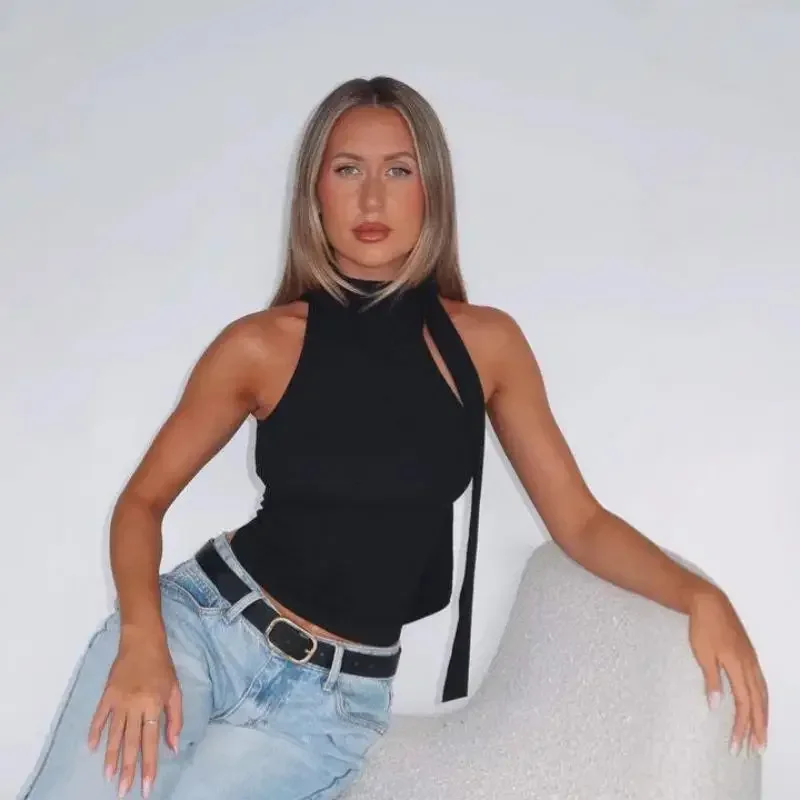 เสื้อยืดคอเต่าแบบผูกเชือก แขนกุด สไตล์ลำลอง เซ็กซี่ เหมาะสำหรับงานปาร์ตี้ คลับ สตรีทแวร์ แฟชั่น Y2K