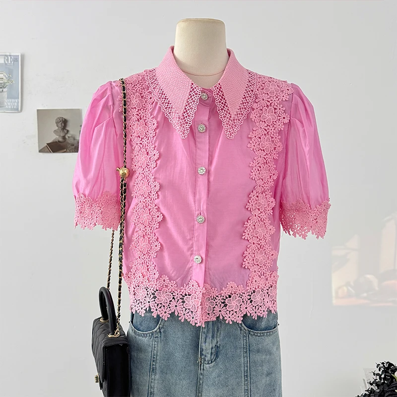 

Vintage French Women Clothing Blusas Mujer Patchwork Turn Down Collar Puff Sleeve Unique Blouses Single-breasted Lace Chic Shirt