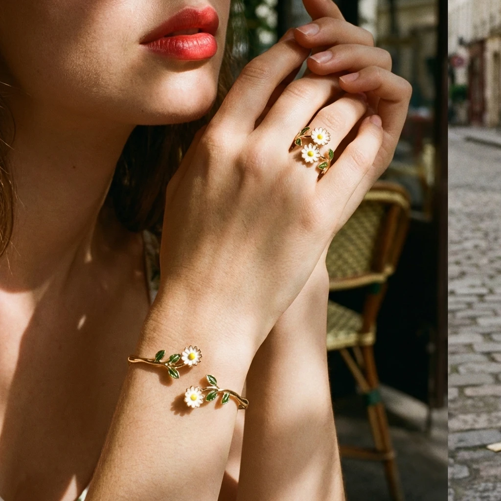 

Enamel Camellia Sunflower Daisy Open Bracelet Ring Set Floral Jewelry Accessory Women Fashion Trend Gift Daily Accessory