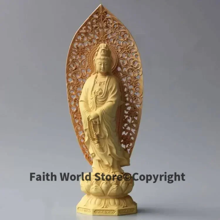 GOOD Avalokitesvara Asia HOME Spiritual protection Bless family # Handmade Yellow pear wood carving Lotus Guanyin Buddha statue