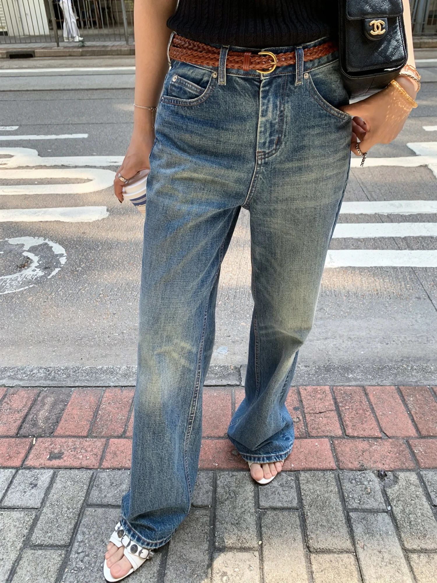 

Iceybella Versatile American Retro Denim Wide Leg Pants Women's Straight Cut Long Trousers Fashionable Spring Cotton Jeans