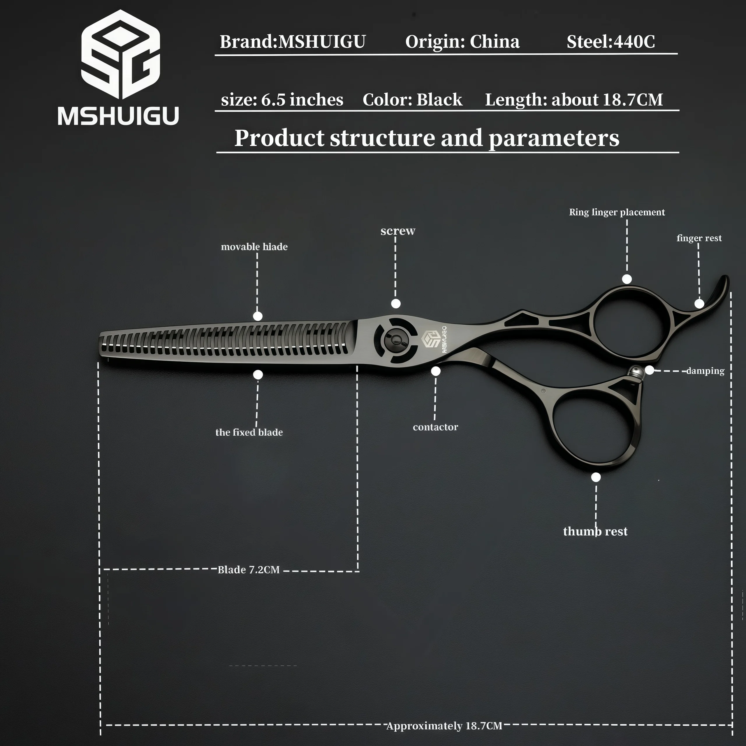 Professionelles Haarschere-Set aus 440C Edelstahl, 6, 6,5, 7 Zoll Schneidescheren, 6/6,5 Zoll 25-30% Effilierschere für Friseursalon – Detail 13
