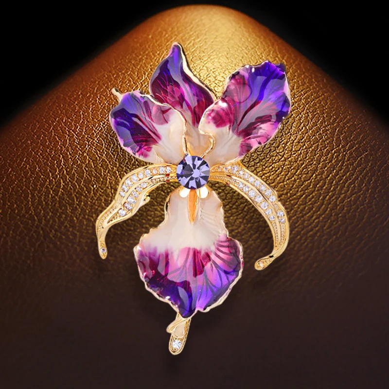 OKILY Ethnic Heritage Handmade Enamel Iris Brooches Elegant Temperament Flower Broche Slightly Inlaid Zircon Pin for Women decor