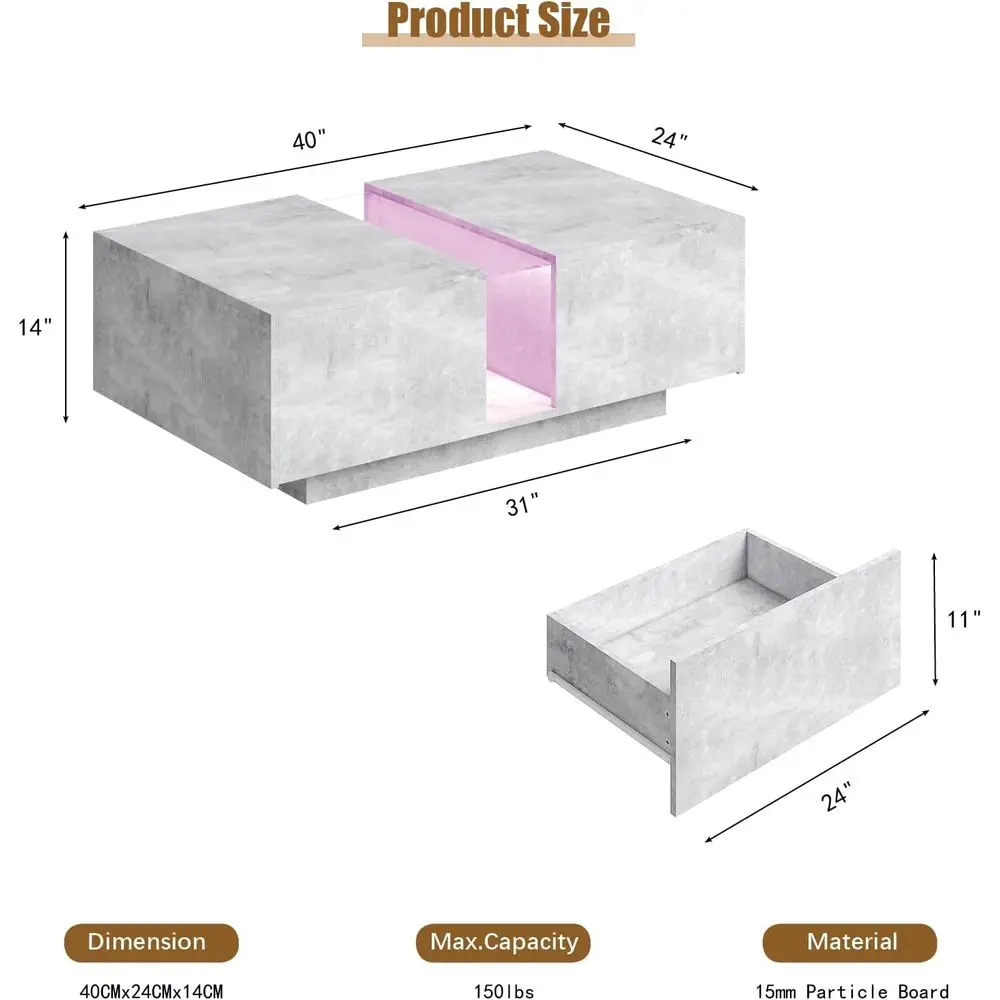 Rectangular Grey Storage Coffee Table with Acrylic Drawers for Living & Dining Rooms