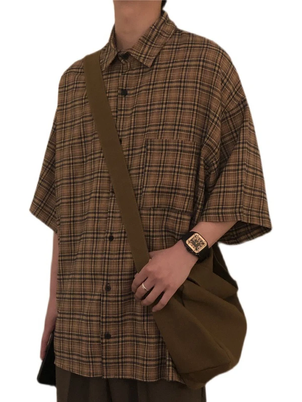 

Summer 2025 Men's Loose Fit Plaid ort Sve irt Vintage Japanese Sle y Casual irt Breathable Youth Faion