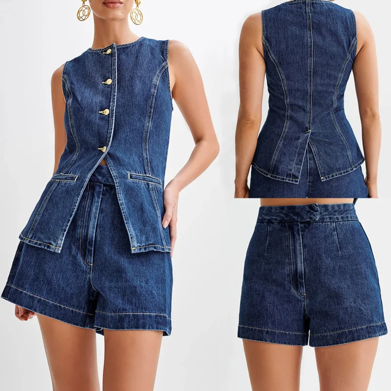 

Fashionable Button Up Versatile Blue Women's Denim Vest Set Summer Sleeveless Slim Patchwork Top Trendy High Waisted Shorts Set