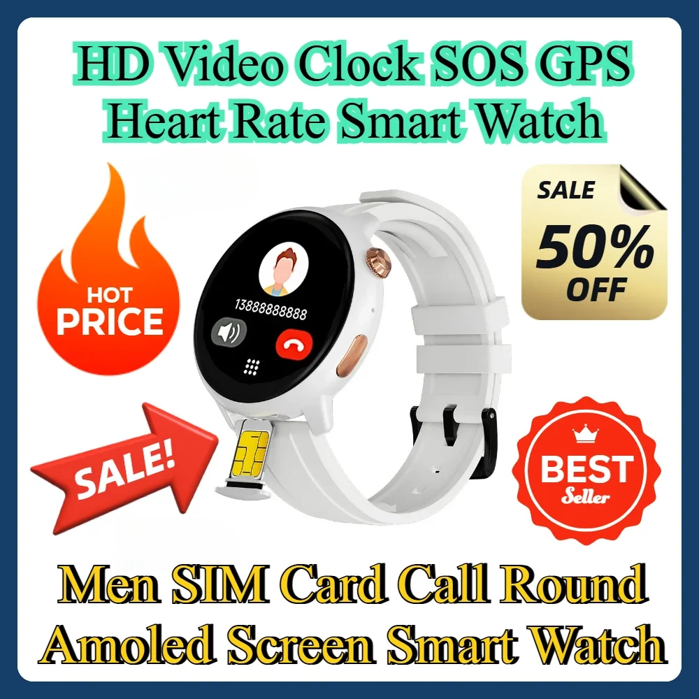 HD Video Clock SOS GPS Heart Rate Smart Watch Men SIM Card Call Round Amoled Screen Smart Watch