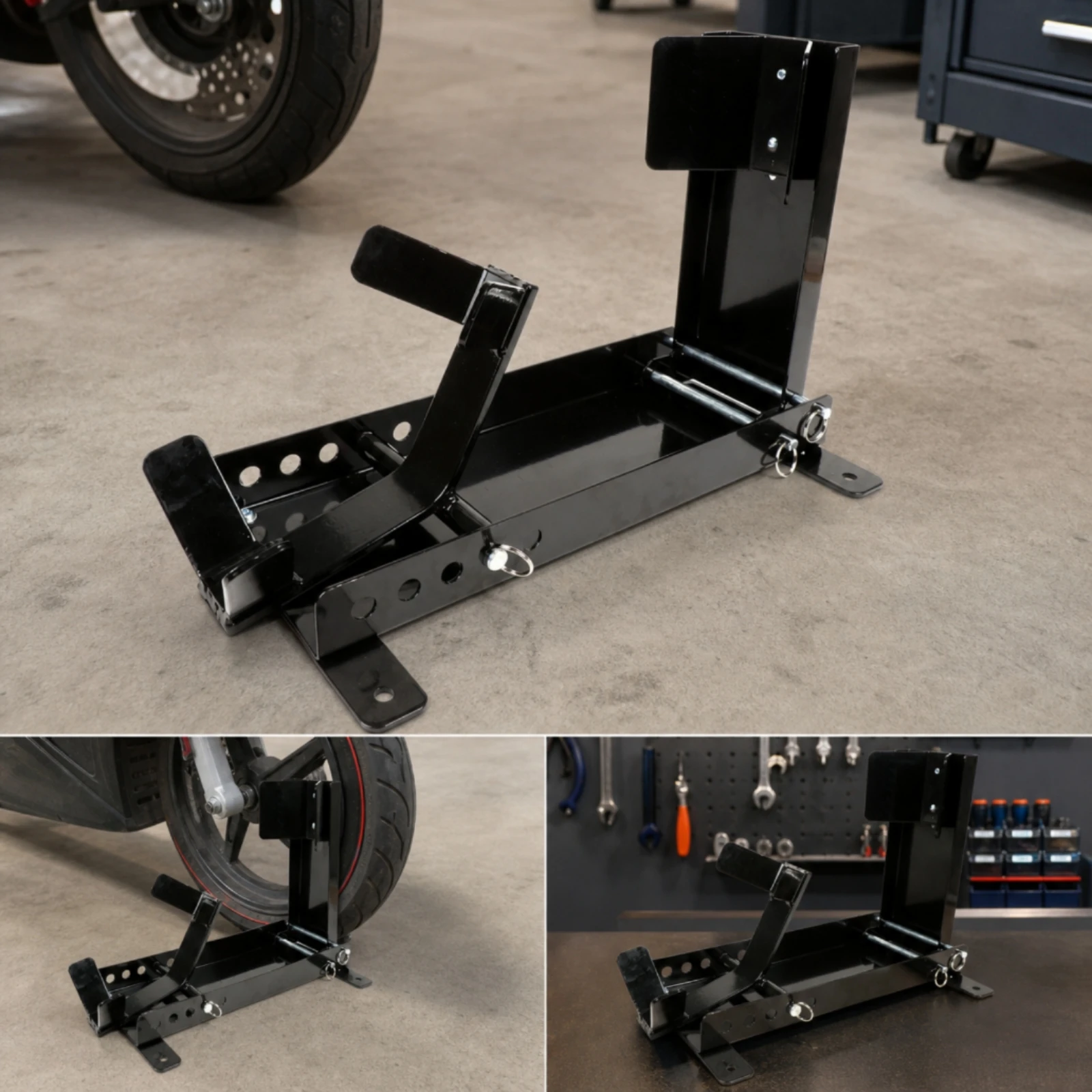 motorcycle-wheel-chock-stand-adjustable-motorcycle-stand-with-wheel-cradle-powder-coated-low-profile-for-garage-workshop