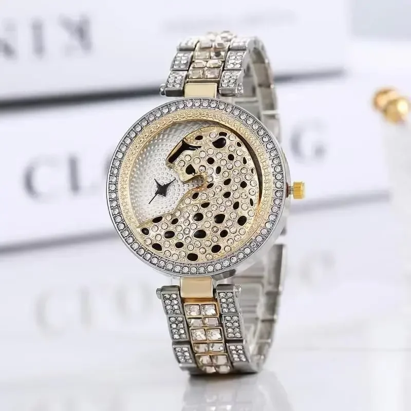Ladies' cool European and American diamond encrusted watch bracelet with leopard dial quartz simple luxury gold watch for women