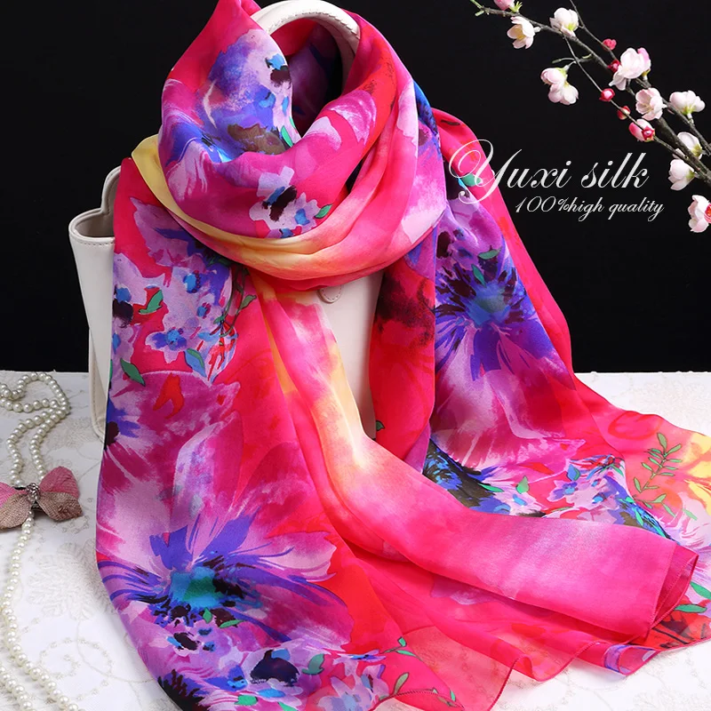 

High Quality Rose Red Flower 100% Silk Long Scarf Shawl Women's Spring, Autumn and Winter Summer