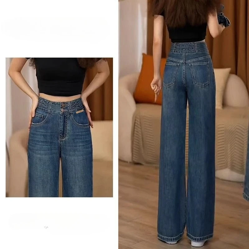 Damskie spodnie jeansowe z szerokimi nogawkami w stylu retro, nowość na jesień, luźne, zwiewne, z wysokim stanem, cienkie, proste, wysokiej jakości i o wysokim poziomie estetycznym.