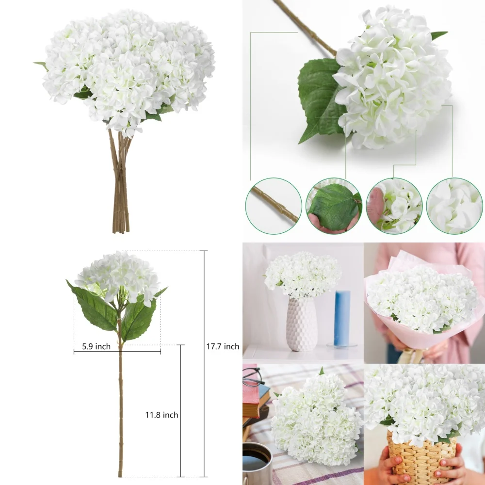 

5 Pack Artificial Silk Hydrangea Flowers 18 Inch Bouquet Arrangement White Realistic Fake Flower Decor for Home Wedding Party