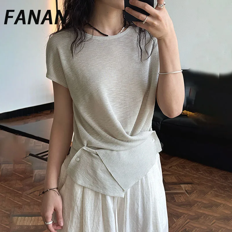 

FANAN Irregular Button Gathered Waist T-shirt For Women Round Neck Short Sleeve Knitting Tops Fashion Clothing 2025 Summer New