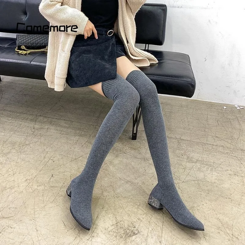 Comemore Women's Spring Autumn Long Over Knee Boot Ladies Elastic Square Low Heels Woman Stretch Shoes Sex Knee High Sock Boots