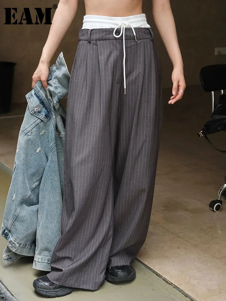 [EAM] High Elastic Waist Gray Striped Color-block Wide Leg Pants New Trousers Women Fashion Tide Spring Autumn 2024 1DH6815