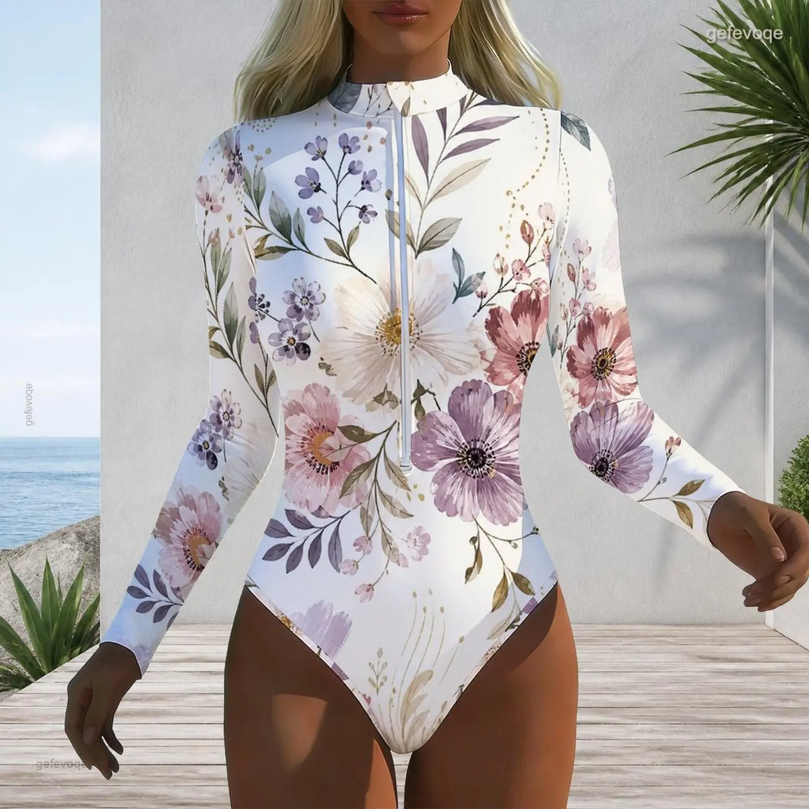 Women High Neck Front Zip Long Sleeve One Piece Printed Swimsuit