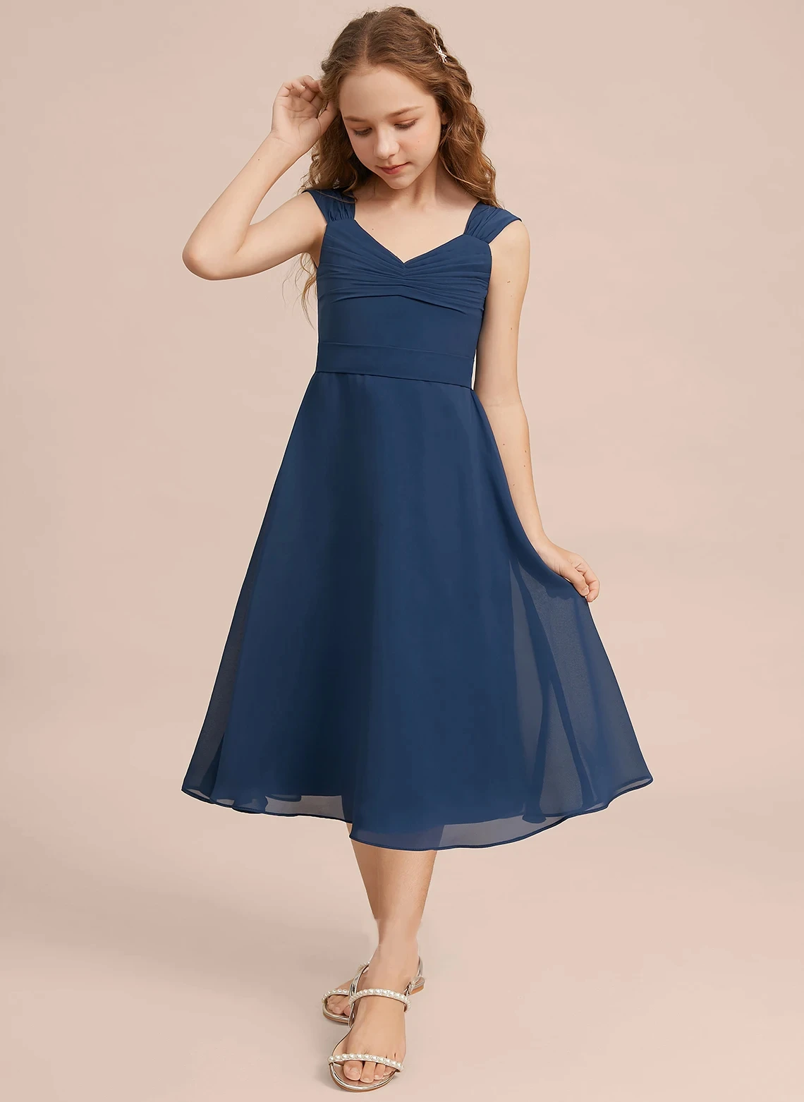 YZYmanualroom A-line V-Neck Tea-Length Chiffon Junior Bridesmaid Dress Knee skirt Long girl dress wedding/Custom Made