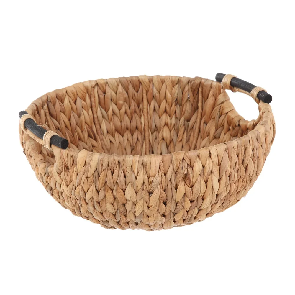 Natural Woven Water Hyacinth Decorative Bowl with Wooden Handles Home Storage Floral Centerpiece Kitchen Dining Table