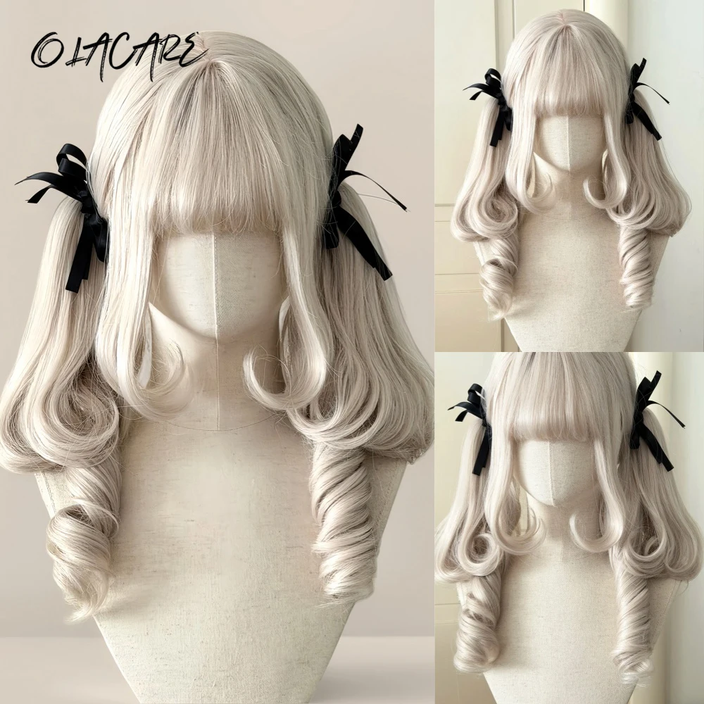 OLACARE Synthesis Roman Curling Lolita Curling Strap with Hairband Mist White Bronze Anime Wig Oberl Women's Party Cosplay Wig