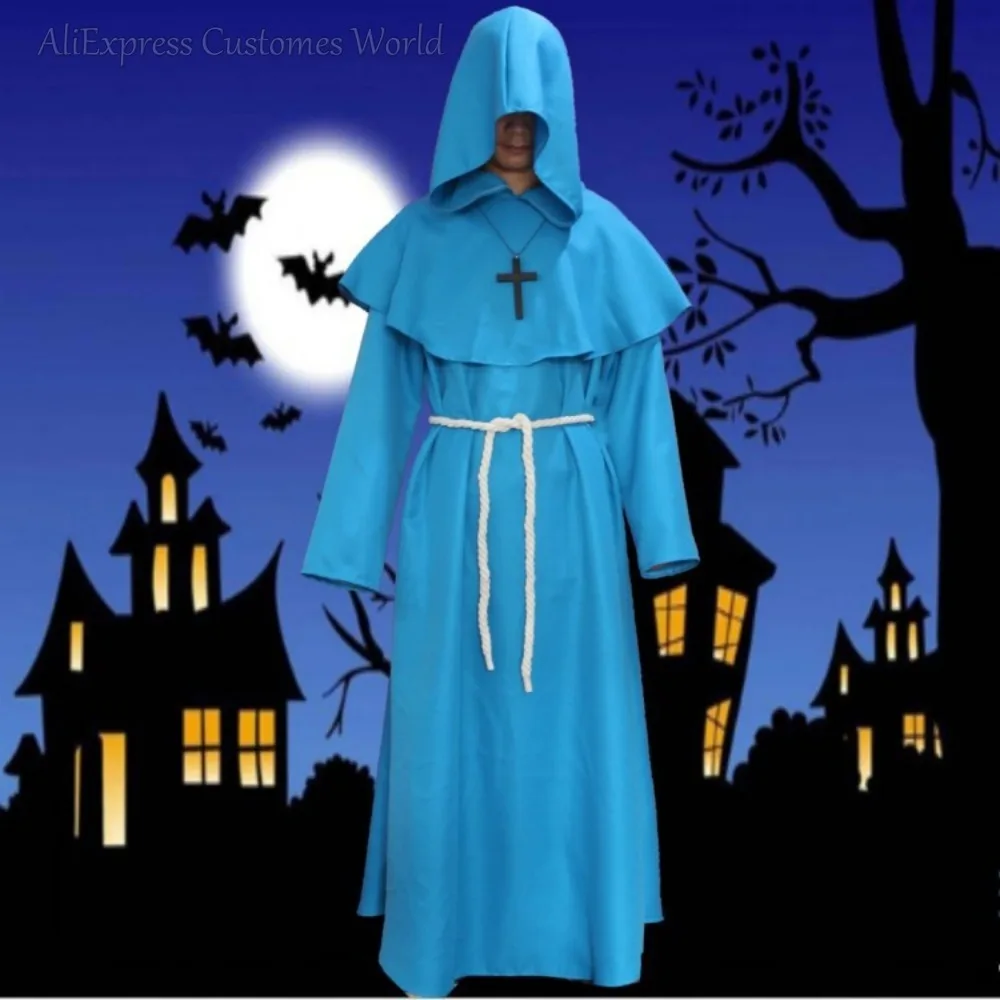 Cavaliere medievale monaco con cappuccio costume cosplay medico della peste cos uomini adulti halloween cosplay rinascimentale sacerdote veste mago