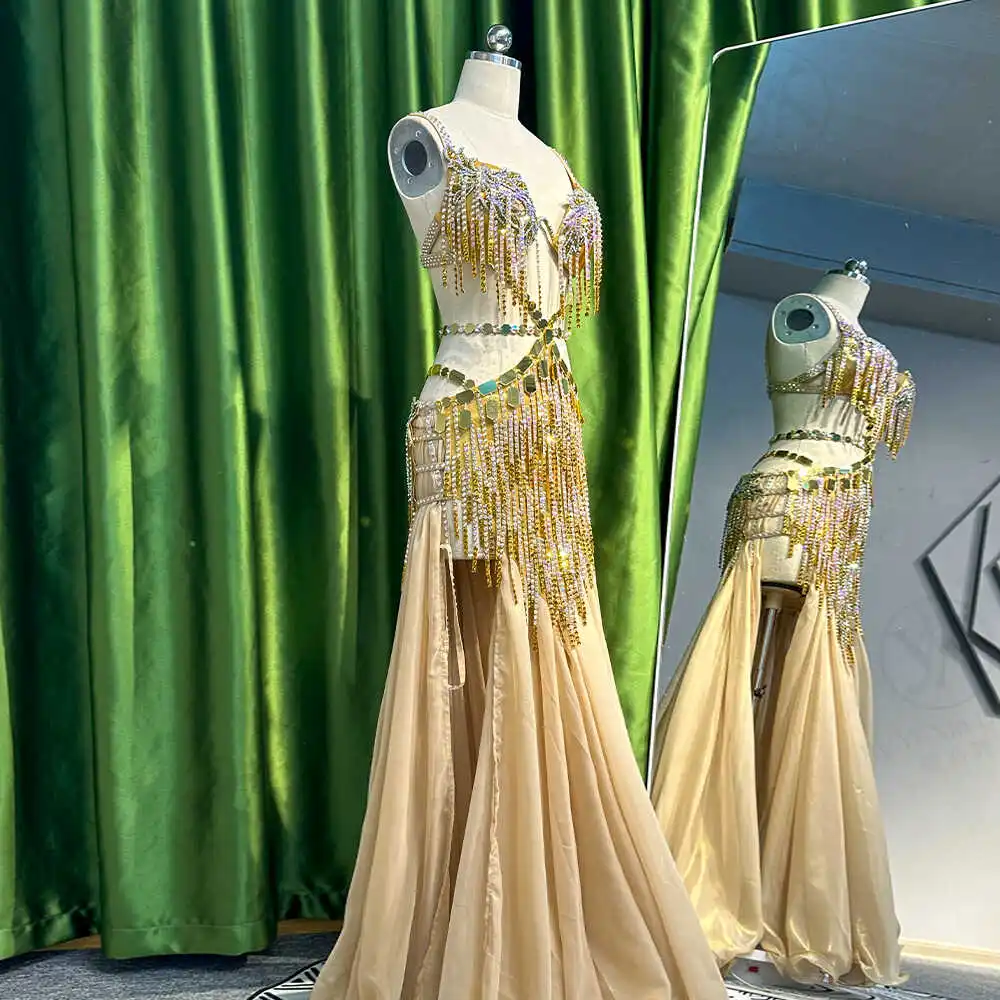 BellyDance Suit Embroidery Diamond Bra Split Fishtail Skirt Performance Set Custom Adult Child Competition Clothing Accessories