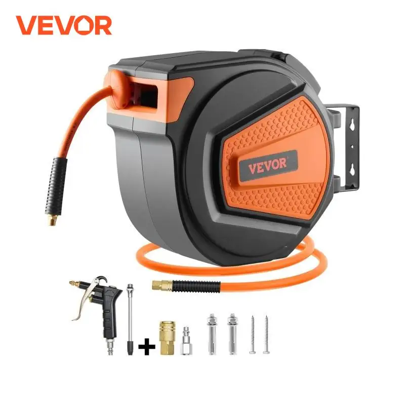 VEVOR Retractable Air Hose Reel 3/8IN x 65FT Hybrid Air Compressor Hose Reel Auto-Rewind Ceiling/Wall Mount Enclosed PP Reel