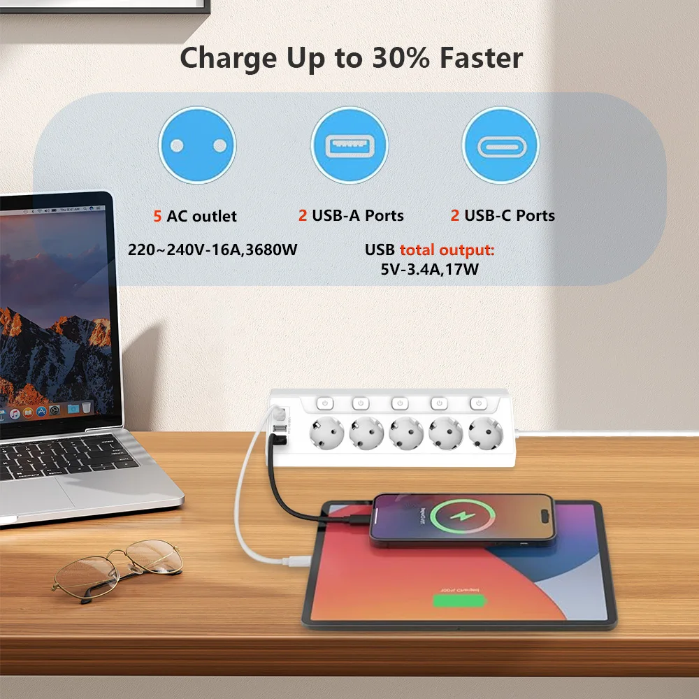 European Standard 9-in-1 Corner Desktop Power Strip with 2 Usb-A Ports; 2 Usb-C Ports; 5 Ac Power Sockets 220V-240V; 2-Meter Extension Cord