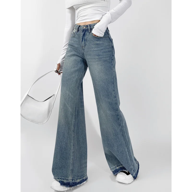 Women Loose Denim Pants Floor Length Tight Trousers Amercian Retro Washing Blue Low Waist Flare Wide Leg Jeans