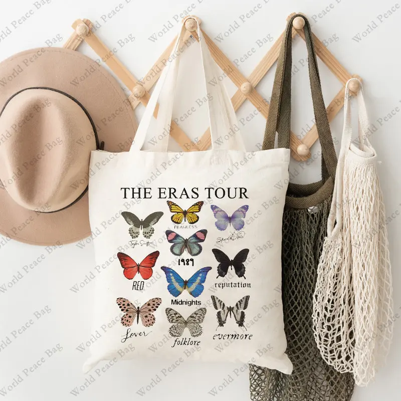 The Eras Tour Butterfly Print Canvas Hand Luggage Stylish Taylor Merch Shoulder Bag Canvas Tote Bag Reusable Shopping Bag