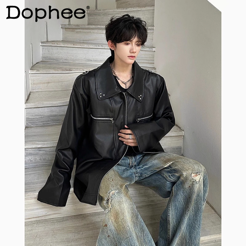 

Мужские осенние новые высококачественные трендовые куртки из искусственной кожи 2024, модные однотонные пальто из искусственной кожи, блестящие шикарные куртки с длинными рукавами