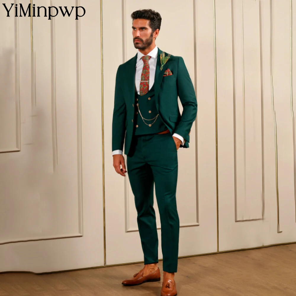 

YiMinpwp Emerald Green Men's Slim Fit Satin 3 Pieces Peaked Lapel Plus Size Polyester Business Blazer Prom Party Suit XS-5XL