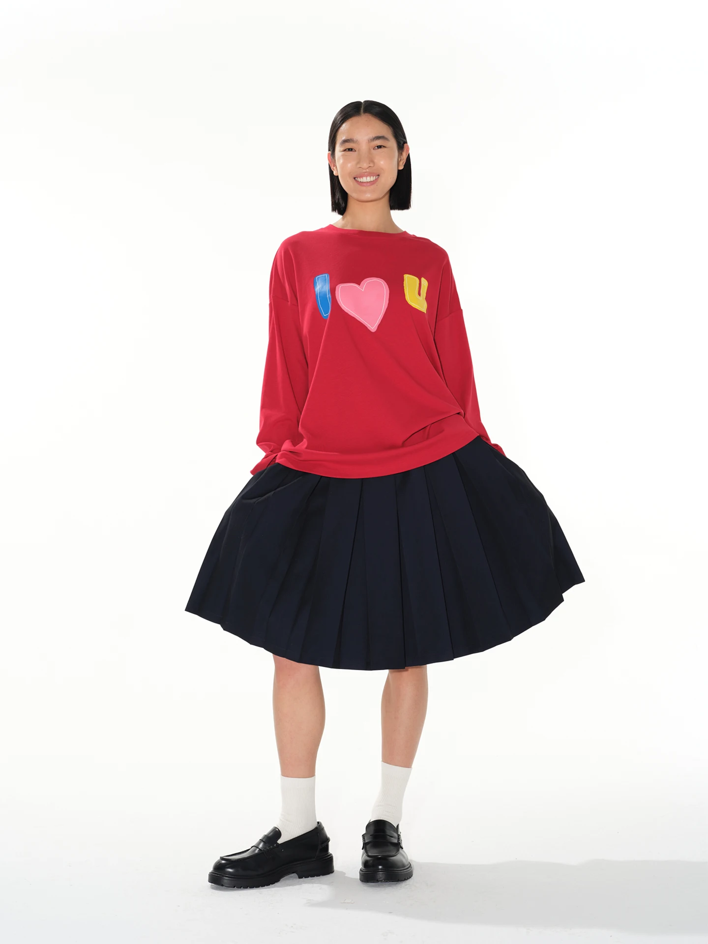 

Studio1till8 Vintage Heart Print Loose Long Sleeve Overhead T-Shirt Red Grey Casual Style Universal Fit Cotton Polyester Blen...