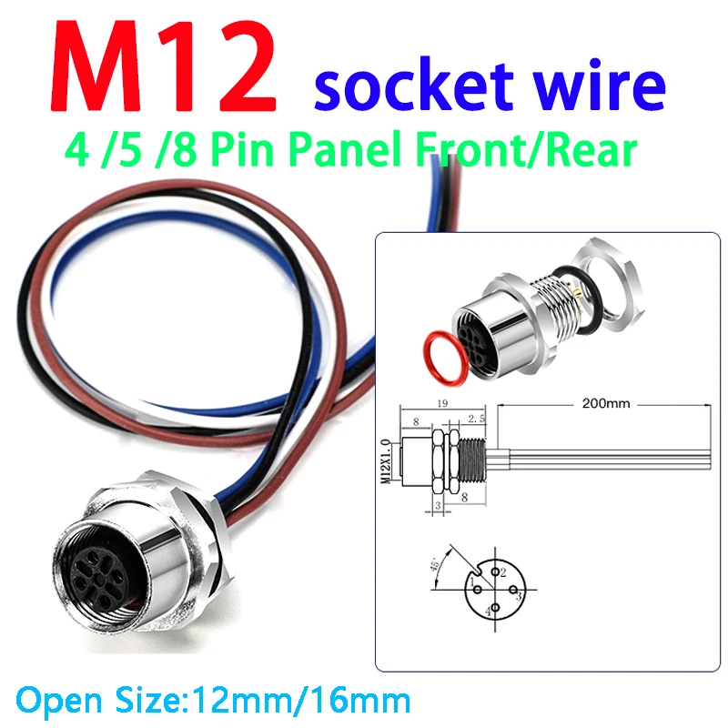 M12 Waterproof Cable Glued Socket w 4 5 8 Pin IP67 20CM Cable Board Mounted Fixed Panel Socket Integrated  Male Female Connector