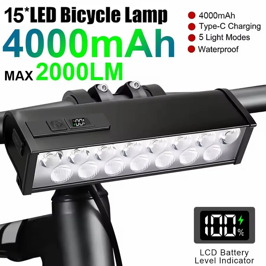 AliExpress NONE Bicycle Light Front Bike Headlight 15LED Bike Light 4000mAh Waterproof Flashlight Type-C Charging MTB Road Cycling Lamp