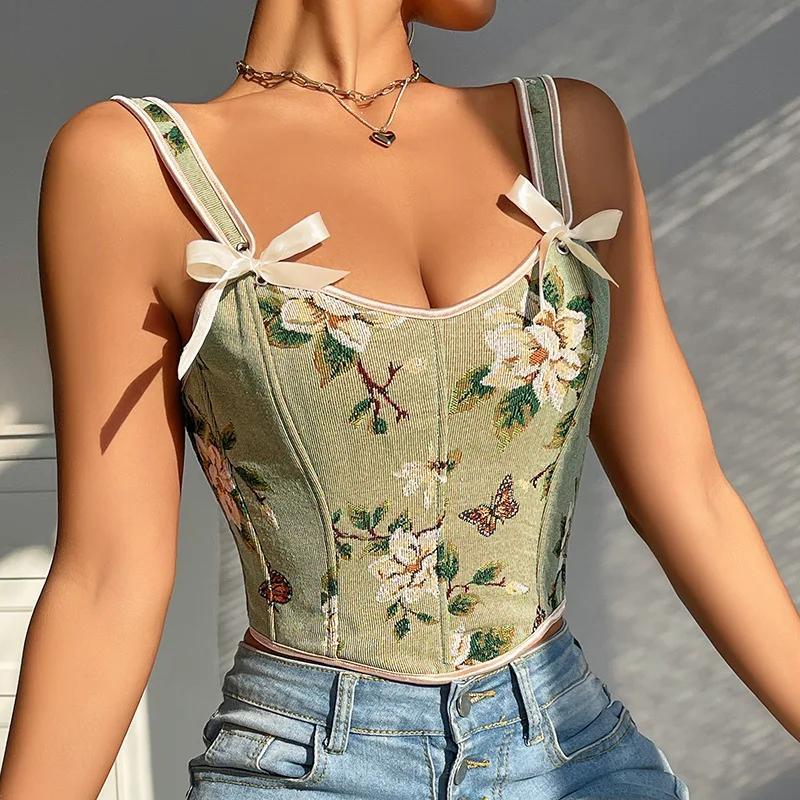 Women Vintage Floral Camisole Flower Embroidery Pattern Tight Vest Drawstring Tie-up Tank Top Suspender Bustier Corset Tops