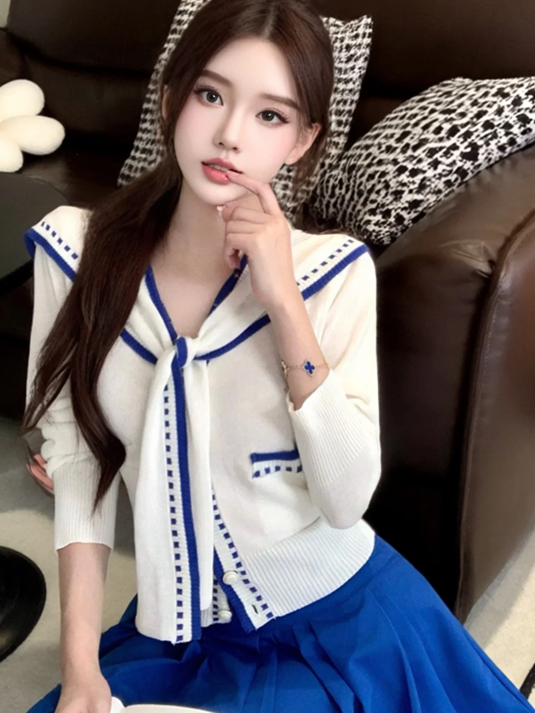 

College Style Navy Collar Shawl Knitted Sweater Women's Autumn Fashion Base Shirt Inner Wear Outer Wear Casual High Waist Sho...