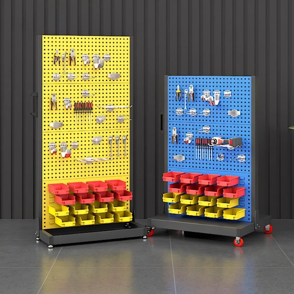 Pegboard Tool Rack, Double-Sided Mobile Storage, Garage Workshop Organizer, Hardware Tool Shelf, 2 Sides Adjustable Hooks