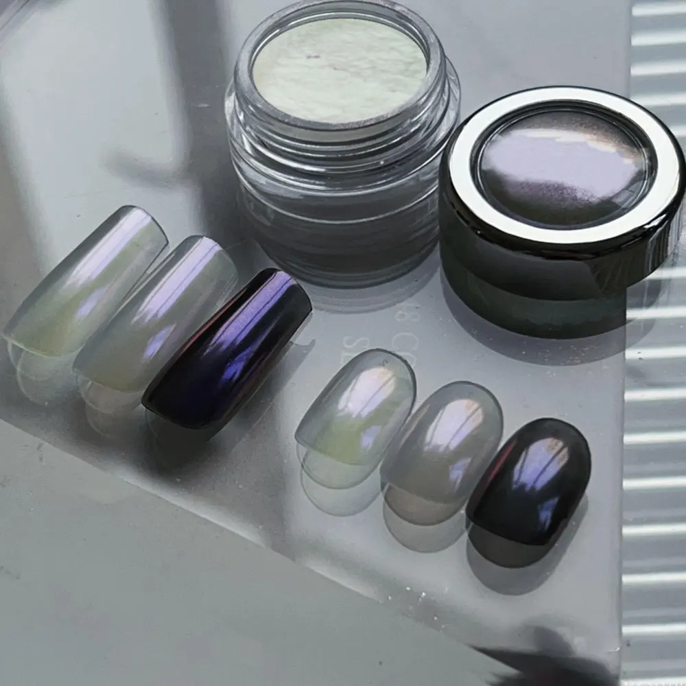 1Jar 0.2 جرام ضوء القمر مرآة معدنية كروم مسمار مسحوق الجليد شفافة حورية البحر مسمار بريق أورورا قوس قزح AB مسمار الفن الصباغ *