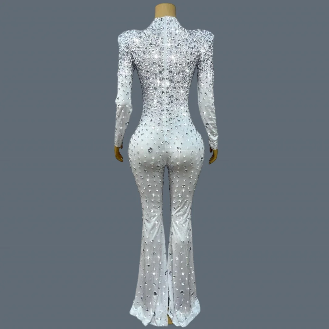 Luxury Sparkly Full Crystals Tight Fitting Jumpsuit Nightclub Singer Dance Stage Performance Wear Sexy Spandex Outfit Dashuijing