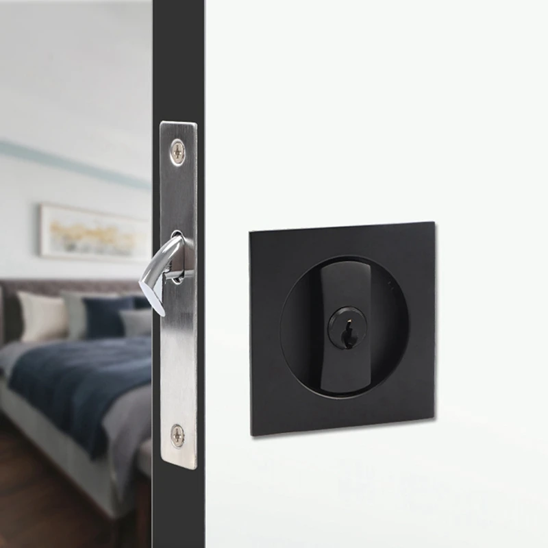 Pocket Door Lock Black Door Hardware Anti-Theft Lock Contemporary Privacy Square Door Lock Sliding Door Lock with Keys-A23R view 3