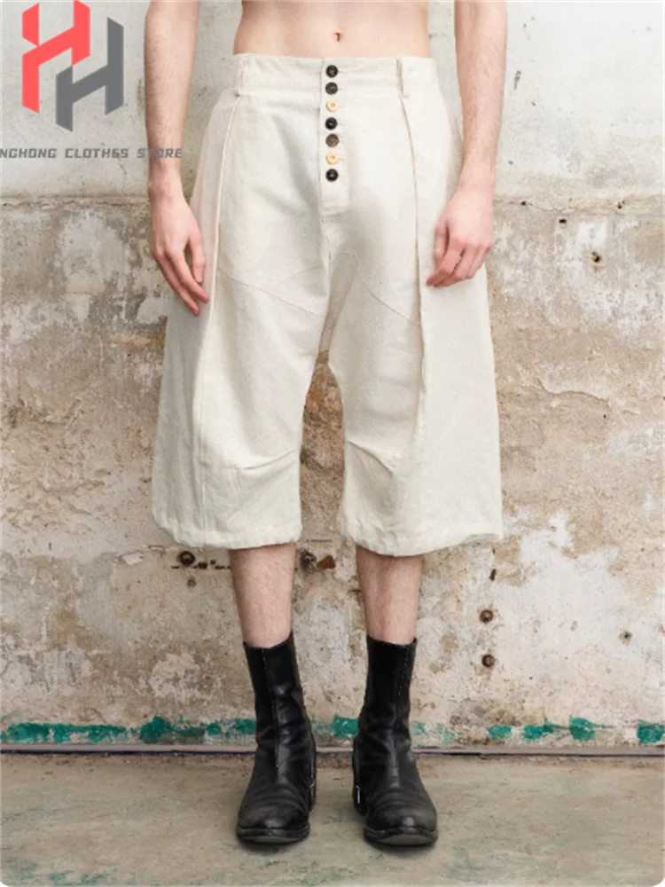 【Customized】Original cotton and linen blended button-down deconstructed seven-inch pants with pleated low crotch bottom section