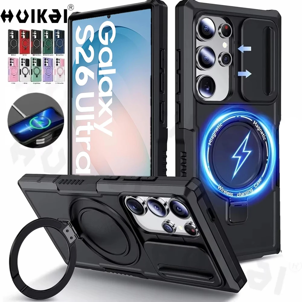 Slide Camera Magnetic Case For Samsung S26 Ultra S25 Ultra S24 S23 Heavy Duty Shock Absorption Body Protective Kickstand Cover